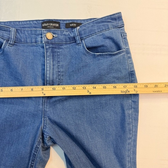 Susan Graver Capri Jeans 10P Slim Fit Ankle Cropped Eyelet Hem Blue Denim - Picture 10 of 14
